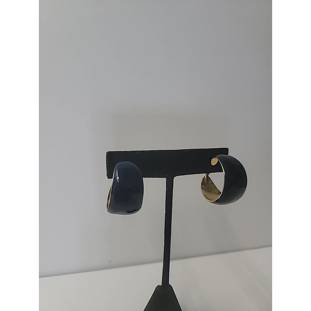 Vintage Gold Tone Navy Blue Enamel Clip On Earrings Chunky Half Hoop Retro